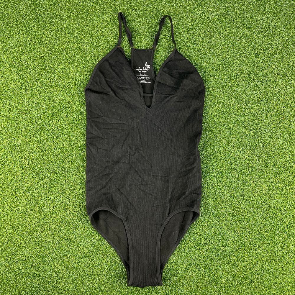 Vintage Free People Black Ribbed Plunging Adjustable Strap Bodysuit Sz XS/S